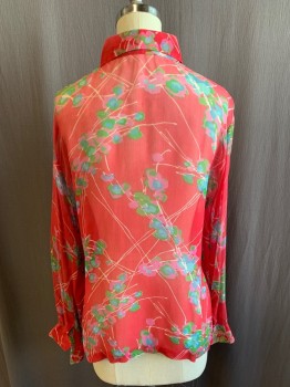 Womens, Blouse, N/L, Fuchsia Pink, Multi-color, Polyester, Floral, S, C.A., Button Front, L/S, Pink, Blue, and Green Floral Print