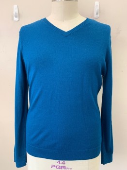 Mens, Pullover Sweater, INC, Teal Blue, Wool, Solid, XL, Long Sleeve, V Nack