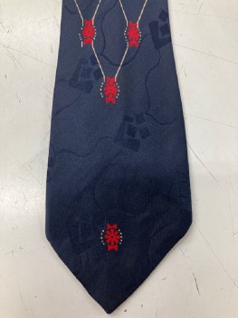 Mens, Tie, SAKS FIFTH AVENUE, Navy Blue, Red, Ecru, Silk, Floral, Diamonds, O?S, Four In Hand