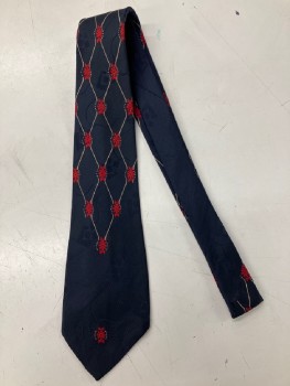 Mens, Tie, SAKS FIFTH AVENUE, Navy Blue, Red, Ecru, Silk, Floral, Diamonds, O?S, Four In Hand