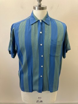 Mens, Shirt, SEARS, Yellow, Blue, Cotton, M, C.A., B.F. Wide Stripes ,  Front Pocket
