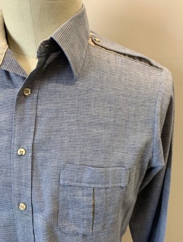 Mens, Shirt, CHARTER CLUB, Denim Blue, White, Beige, Cotton, Stripes, L, L/S, Button Front, Chest Pocket, Epaulets