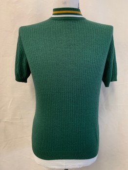 ART GALLERY, Green, Acrylic, Cotton, Solid, Stripes, Mock Neck, S/S, Yellow And White Stripes At Neck, Textured Fabric