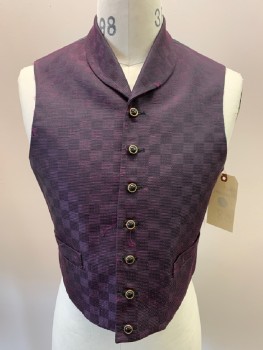 Mens, Historical Fiction Vest, MTO, Plum Purple, Black, Acetate, Geometric, 2 Color Weave, 38, 7 Buttons,  Shawl Collar, 2 Pockets,
