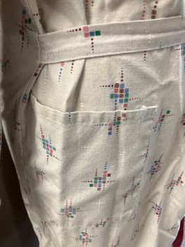 Unisex, Patient Robe, N/L, Lt Gray, Red Burgundy, Emerald Green, Blue, Pink, Polyester, Cotton, Squares, Dots, O/S, Open Front with Solid Border, Hem Mid-calf, 2 Patch Pckt, Front Tie