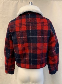 Mens, Casual Jacket, H&M, Navy Blue, Red, White, Polyester, Plaid, S, Fake Fur C.A with 2 Buckle Closing., Zip Front, 2 Pockets
