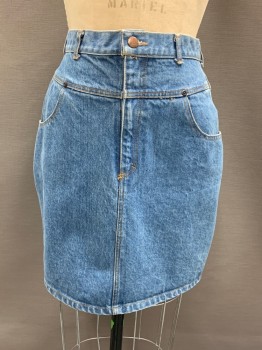 Womens, Skirt, OPTIMUM, Denim Blue, Cotton, W:28, Top Pockets, Zip Front, 2 Back Patch Pocket,  Tan Stitching