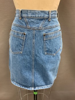 Womens, Skirt, OPTIMUM, Denim Blue, Cotton, W:28, Top Pockets, Zip Front, 2 Back Patch Pocket,  Tan Stitching