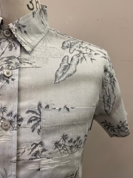 HAWK'S BAY, Lt Gray, Gray, Cotton, Hawaiian Print, Collar Attached, Button Front, Short Sleeves, 1 Pocket