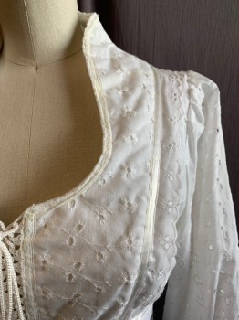 GUNNE SAX, White, Cotton, Solid, U-Neck, Long Sleeves, Zip Cuffs, Zip Back, Tie Back, White Floral Eyelet Lace, Lacing at Bust *Black Stains on Right Hem* DOUBLES