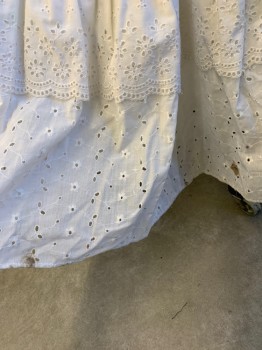 GUNNE SAX, White, Cotton, Solid, U-Neck, Long Sleeves, Zip Cuffs, Zip Back, Tie Back, White Floral Eyelet Lace, Lacing at Bust *Black Stains on Right Hem* DOUBLES