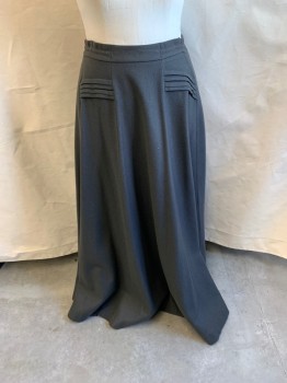 NL, Dk Gray, Wool, Drawstring, Tab & Buttons, Faux Panel, Light Gray Horizontal Stripes, Layered Pleats on Front Right & Front Left, Floor Length Hem