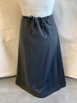 NL, Dk Gray, Wool, Drawstring, Tab & Buttons, Faux Panel, Light Gray Horizontal Stripes, Layered Pleats on Front Right & Front Left, Floor Length Hem