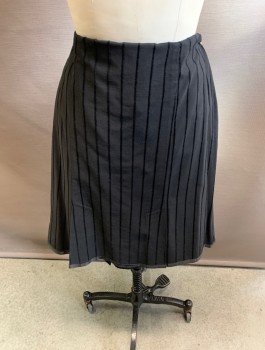 NANETTE LEPORE, Black, Viscose, Wool, Solid, Stripes, Knee Length, No Waistband, Side Zip, Ribbon Lace Up Back Detail, Double Kick Pleats Front And Back