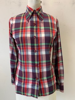 Womens, Blouse, N. Man, Dk Purple, Red, Lime Green, White, Polyester, Rayon, Plaid, B32, L/S, C.A., Button Front,