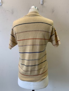 Mens, Polo Shirt, NL, Tan Brown, Maroon Red, Navy Blue, Acrylic, Stripes - Horizontal , M/L, 2 Buttons, C.A., S/S, Band at Waist & Around Arms
