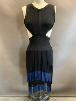 N/L, Black, Rayon, Nylon, Solid, Textured Fabric, Round Neck, Slvls, Open Back, Hook Closure At Back Of Neck, Zip Back At Back Waist, 2 Tiers Of Black Fringe with Blue