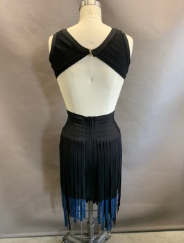N/L, Black, Rayon, Nylon, Solid, Textured Fabric, Round Neck, Slvls, Open Back, Hook Closure At Back Of Neck, Zip Back At Back Waist, 2 Tiers Of Black Fringe with Blue