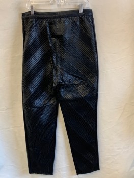 MTO, Black, Poly Vinyl Cloride, Synthetic, Stripes - Diagonal , Geometric, Zip Front, Geometric Stretch Waistband/ Inner/ Outer Leg Panels, PVC Diagonally Pleated Fabric