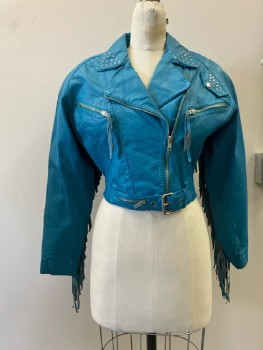 Womens, Jacket, CHIA, M, Turquoise Leather Asymmetrical Zip Front, Motorcycle Cut, Shoulder Pads, Raglan Sleeves, Notched Lapel, Silver Studs, Silver Studded Flap Detail Left Armscye, Fringe Down Sleeves & Across Back, Attached Belt/buckle Front Waist