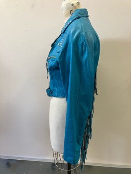 CHIA, Turquoise Leather Asymmetrical Zip Front, Motorcycle Cut, Shoulder Pads, Raglan Sleeves, Notched Lapel, Silver Studs, Silver Studded Flap Detail Left Armscye, Fringe Down Sleeves & Across Back, Attached Belt/buckle Front Waist