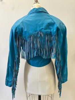 CHIA, Turquoise Leather Asymmetrical Zip Front, Motorcycle Cut, Shoulder Pads, Raglan Sleeves, Notched Lapel, Silver Studs, Silver Studded Flap Detail Left Armscye, Fringe Down Sleeves & Across Back, Attached Belt/buckle Front Waist
