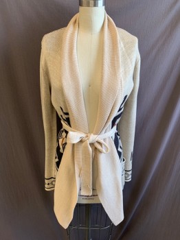 BILLABONG, Beige, Black, Burnt Orange, Cotton, Acrylic, Abstract , with Matching Belt, Open Front, Long Sleeves