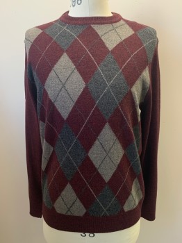 Mens, Pullover Sweater, DOCKERS, Red Burgundy, Charcoal Gray, Blue-Gray, Acrylic, Argyle, M, L/S, Crew Neck