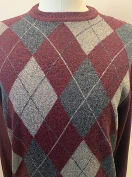 Mens, Pullover Sweater, DOCKERS, Red Burgundy, Charcoal Gray, Blue-Gray, Acrylic, Argyle, M, L/S, Crew Neck