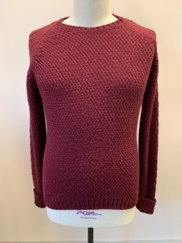Mens, Pullover Sweater, ZARA MAN, Maroon Red, Acrylic, Wool, Solid, XL, L/S, CN, Large Knit