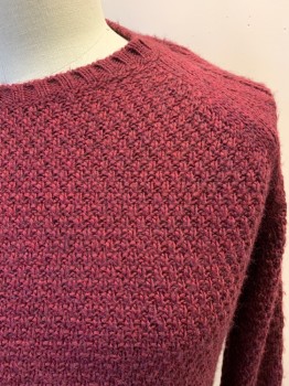 Mens, Pullover Sweater, ZARA MAN, Maroon Red, Acrylic, Wool, Solid, XL, L/S, CN, Large Knit