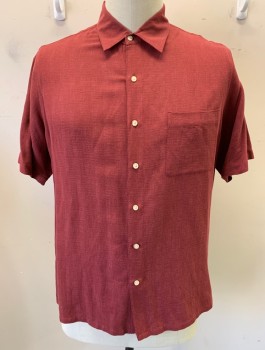 Mens, Casual Shirt, TASSO ELBA, Cranberry Red, Silk, Linen, Solid, XL, Textured Fabric, Short Sleeves, Button Front, Collar Attached, 2 Patch Pocket, Oversized Fit