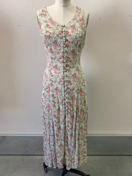 Blodies Diner, Sage Green, Rose Pink, White, Lt Blue, Rayon, Floral, Sleeveless, V Neck, Button Front, Back Cross Tie