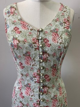 Blodies Diner, Sage Green, Rose Pink, White, Lt Blue, Rayon, Floral, Sleeveless, V Neck, Button Front, Back Cross Tie