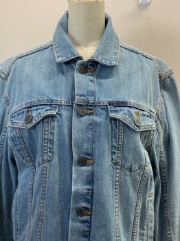 Womens, Jean Jacket, CALVIN KLEIN, Lt Blue, Cotton, Solid, S, L/S, Button Front, Collar Attached, Chest And Side Pockets