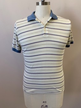 Mens, Polo Shirt, NL, Off White, Lt Blue, Multi-color, Poly/Cotton, Stripes - Horizontal , 38, 2 Btns, S/S, Solid Blue Rib Knit Collar And Slv Trim