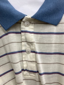 Mens, Polo Shirt, NL, Off White, Lt Blue, Multi-color, Poly/Cotton, Stripes - Horizontal , 38, 2 Btns, S/S, Solid Blue Rib Knit Collar And Slv Trim