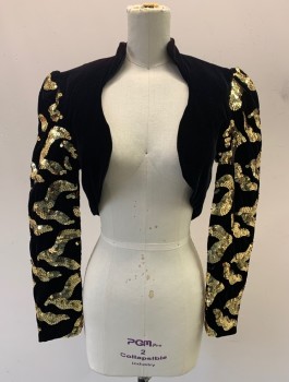 Womens, Evening Jacket, DAVE & JOHNNY, Black, Gold Metallic, Rayon, Sequins, Swirl , B:32, XS, Velvet, Bolero, Long Puffy Sleeves, Sequin Appliques On Sleeves, Stand Collar, Open At Front With No Closures, Padded Shoulders