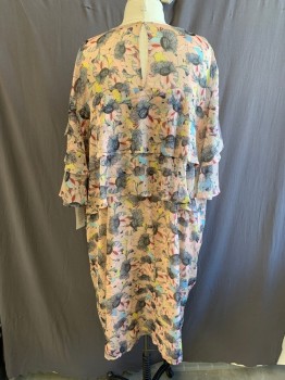 Womens, Dress, Short Sleeve, ELOQUII, 3X, Pale Pink Poly Chiffon Round Neck, 2 Tiered Ruffled Sleeves And Bust, Keyhole Back, Light Blue, Yellow, And Black Abstract Floral PrintDetails Lined, Multiple