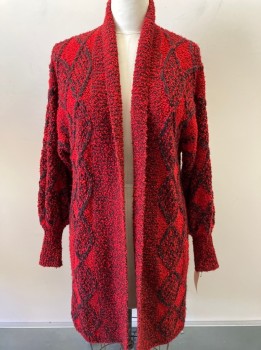 Womens, Sweater, NL, Red, Black, Acrylic, Heathered, Argyle, L, L/S, Cardigan, Open Front, 2 Pckts, Long Length, Boucle Knit