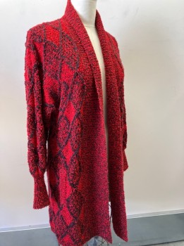 Womens, Sweater, NL, Red, Black, Acrylic, Heathered, Argyle, L, L/S, Cardigan, Open Front, 2 Pckts, Long Length, Boucle Knit