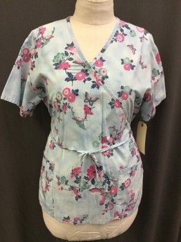 APPLES LIFE, Sky Blue, Fuchsia Pink, Teal Blue, White, Pink, Cotton, Polyester, Floral, V-neck, Short Sleeves, Faux Wrap Look with Waist Tie, 2 Pockets, Asian Floral Print Inspired Print