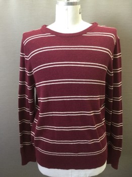 Mens, Pullover Sweater, J. CREW, Cranberry Red, White, Cotton, Wool, Stripes - Horizontal , L, L/S, Ribbed Knit Scoop Neck/Waistband/Cuff