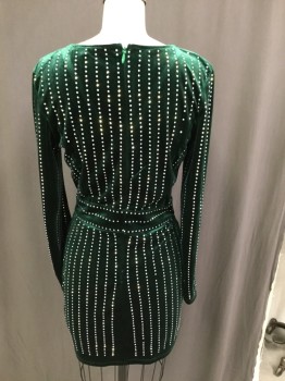 XTAREN, Emerald Green, Polyester, Solid, Velvet/Velor, Faux Wrap, Center Back Invisable Zipper,V Neck, Long Sleeves, Front Split in Skirt = Faux Wrap, Skirt is Mini Length, Iredescent Crystal Stoning in Patterning of Vertical and Horizontal Rows.