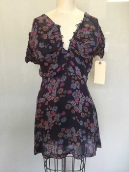 Womens, Dress, Short Sleeve, FREE PEOPLE, Slate Gray, Magenta Purple, Brown, Blue, Rayon, Cotton, Floral, S, Floral Print, V-neck, Lace Up Bust, Short Sleeve with Ruffle Trim, Scoop Back with Criss Cross Straps, ***Slate Gray Slip,
