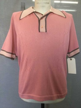 Mens, Polo Shirt, DONEGAL, Salmon Pink, Beige, Brown, Acetate, Polyester, Solid, Argyle, C:42, L, Knit, Striped Trim/Collar, Short Sleeve, Diamond Open Work Detail