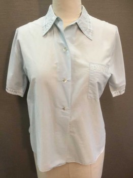 Womens, Blouse, MARY JANE, Ice Blue, Cotton, Polyester, Solid, B40, Button Front, Short Sleeve,  1 Pocket, Collar Attached, Little Floral Ribbon Along Collar/Pocket/Sleeves.