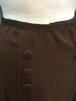 N/L, Brown, Wool, Solid, 1/2" Wide Grosgrain Waistband, 2 Vertical Tucks At Center Front with Hidden Hook&Eye Closures, 2 Columns Of 3 Large Self Fabric Decorative Buttons, At Center Back There Is A Vertical Knife Pleated Panel At Hip Level To Hem, 5 Decorative Self Fabric Buttons Above This Panel, Floor Length Hem, Made To Order,