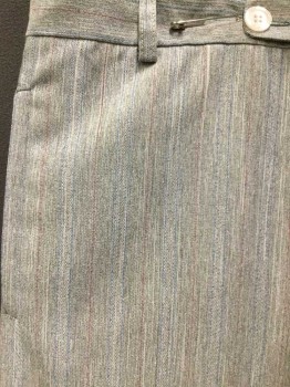 Mens, Pants, NO LABEL, Lt Gray, Red, Blue, Stripes - Pin, 33.5, 32, Flat Front, Button Tab, Zip Fly, Cuffed Hem, Early 1980's
