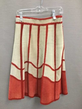 YOUNG EAST, Beige, Tomato Red, Leather, Acrylic, Color Blocking, Beige Leather Patchwork W/Tomato Red Crochet Yarn Connecting Panels, Hem Is Tomato Leather Panels, Hem Below Knee, A Line, Center Back Zipper And Tab Closure,